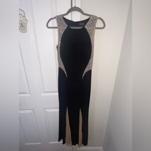 Xscape Black and Gold Dress with Rhinestone details